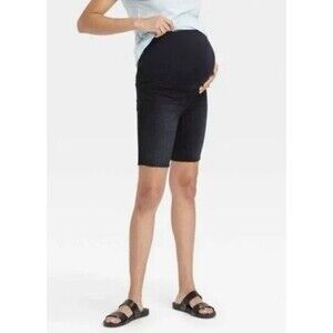 Ingrid & Isabel Maternity Size 12 Black Denim Bermuda Shorts Crossover Panel NWT